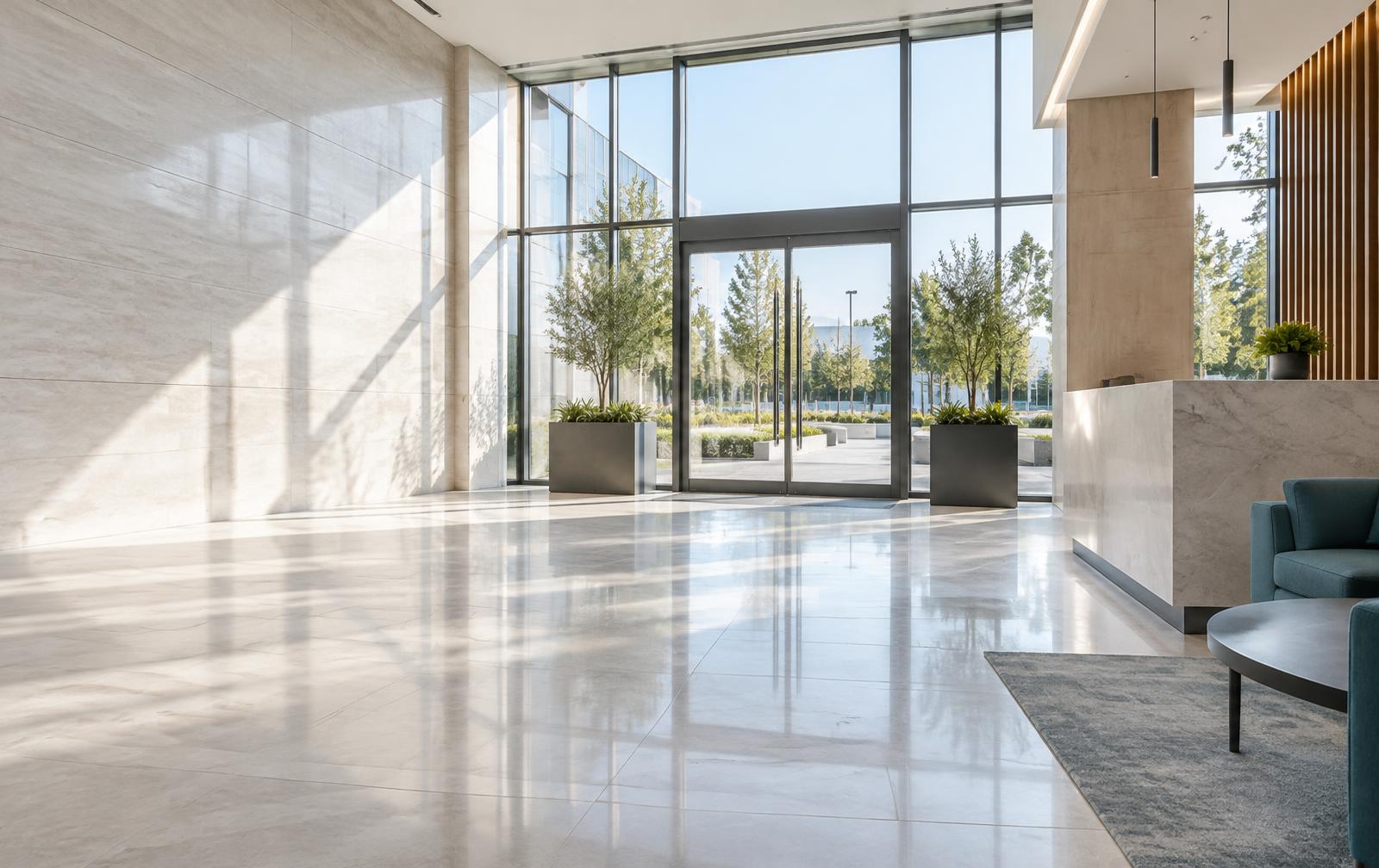 Freshly cleaned modern commercial lobby