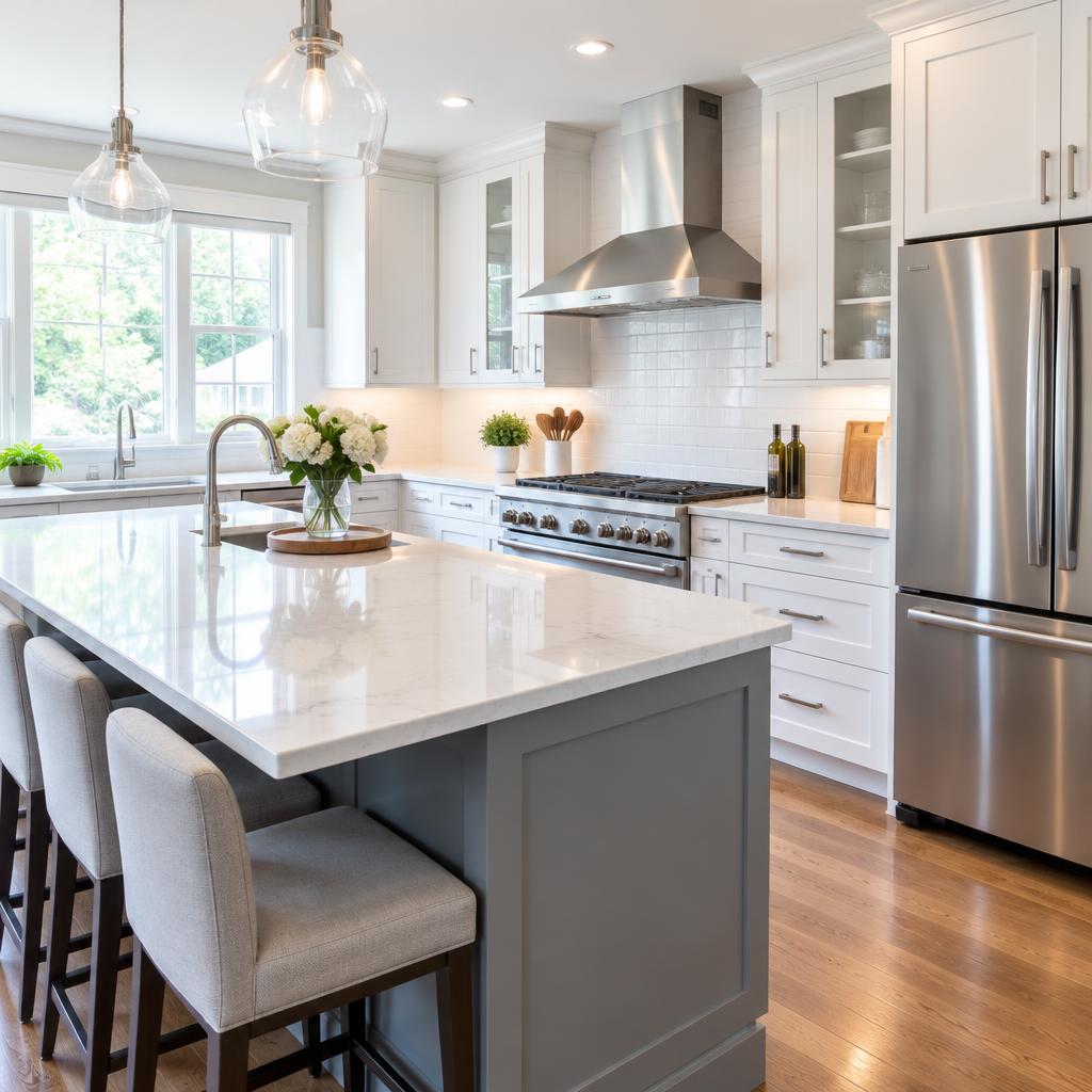 Spotless freshly deep-cleaned modern kitchen with gleaming stainless steel appliances
