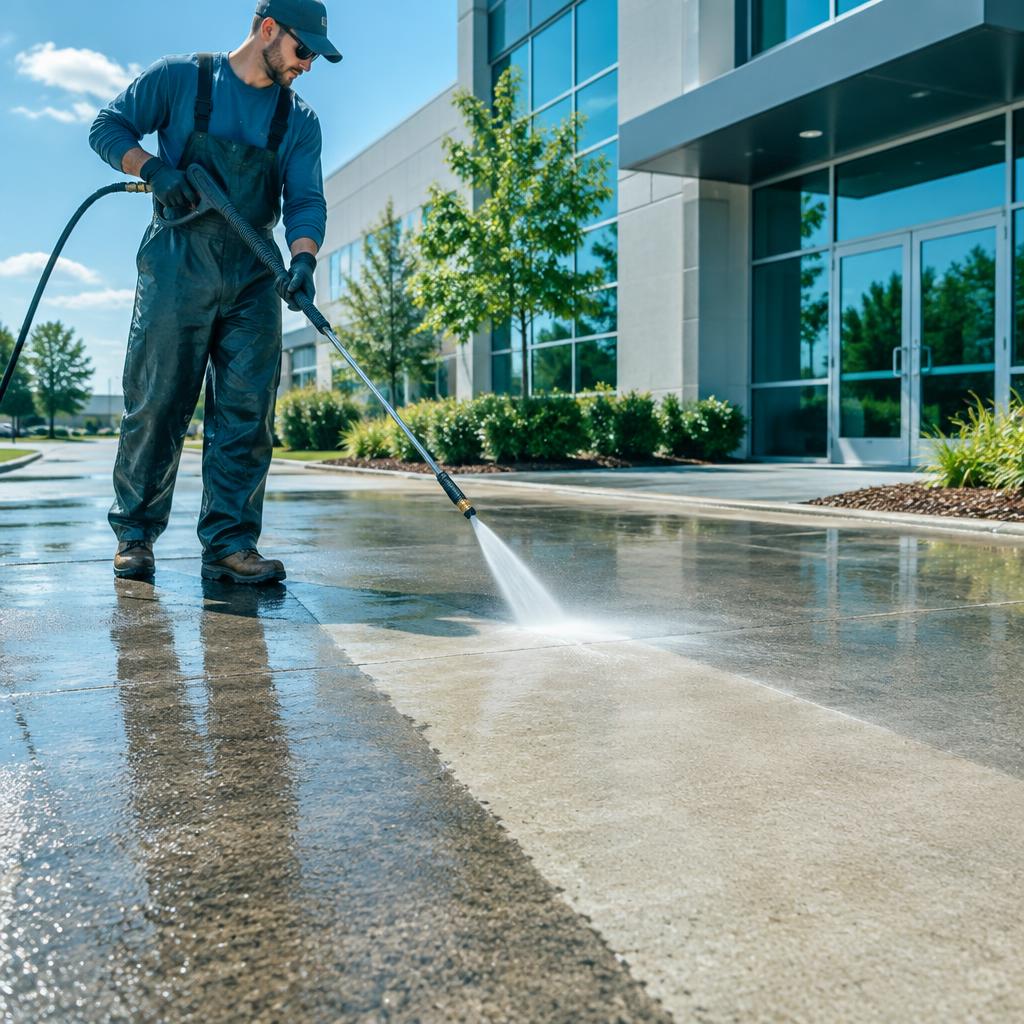 Pressure washing technician cleaning a concrete walkway outside a commercial building in the East Bay
